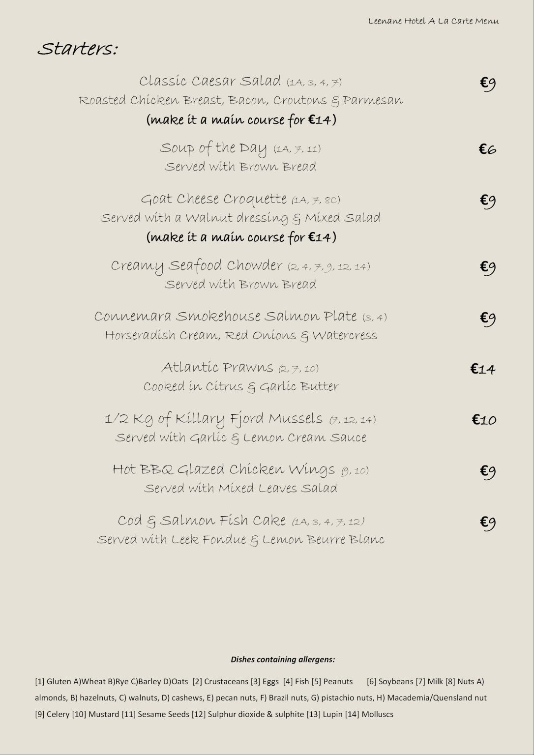 A La Carte Menu Leenane Hotel Leenane Hotel, OFFICIAL WEBSITE