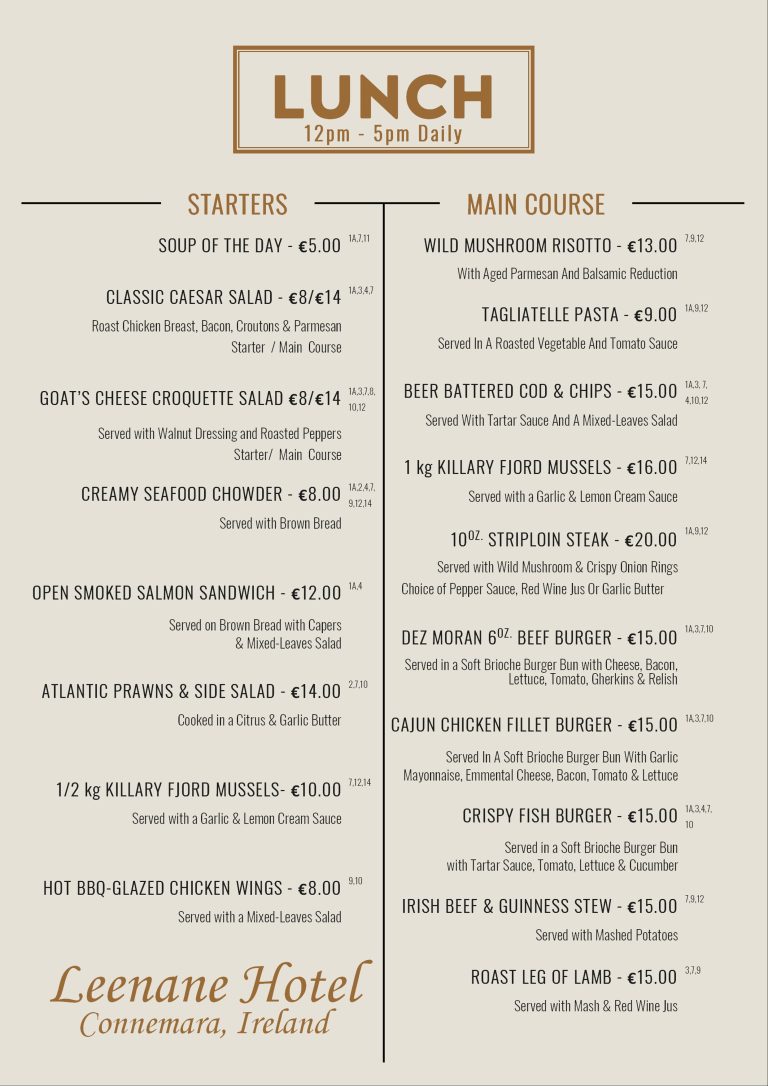 Lunch Menus – Leenane Hotel, OFFICIAL WEBSITE