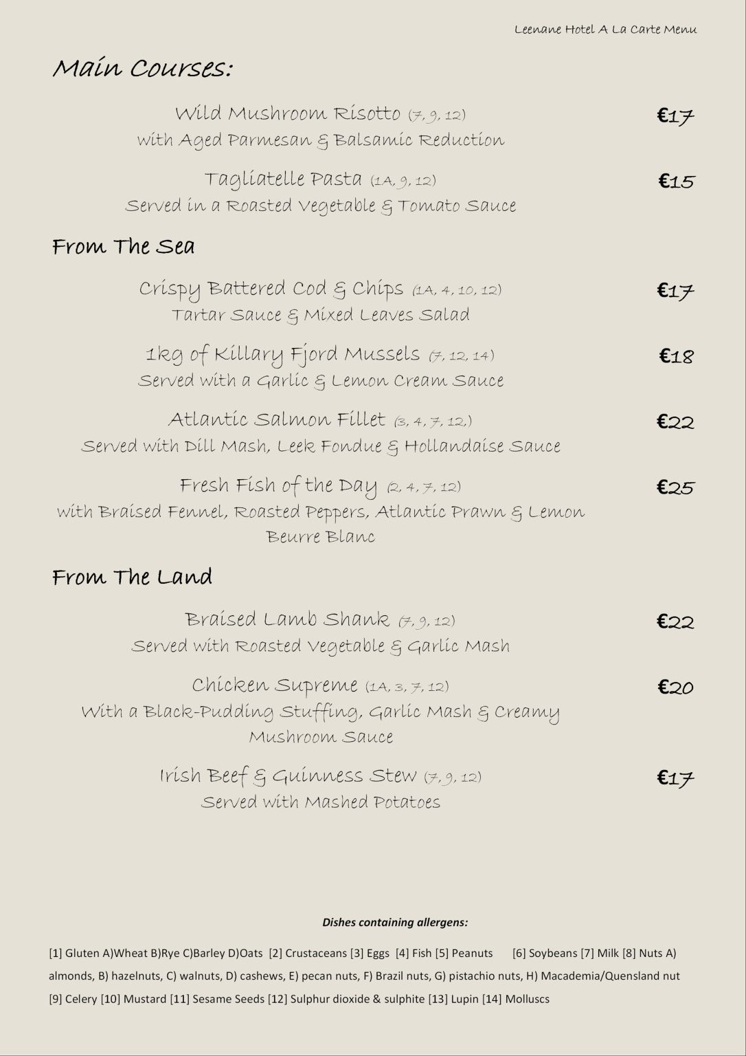 A La Carte Menu Leenane Hotel Leenane Hotel, OFFICIAL WEBSITE