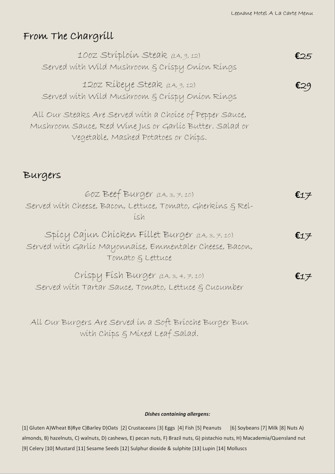 A La Carte Menu Leenane Hotel Leenane Hotel, OFFICIAL WEBSITE