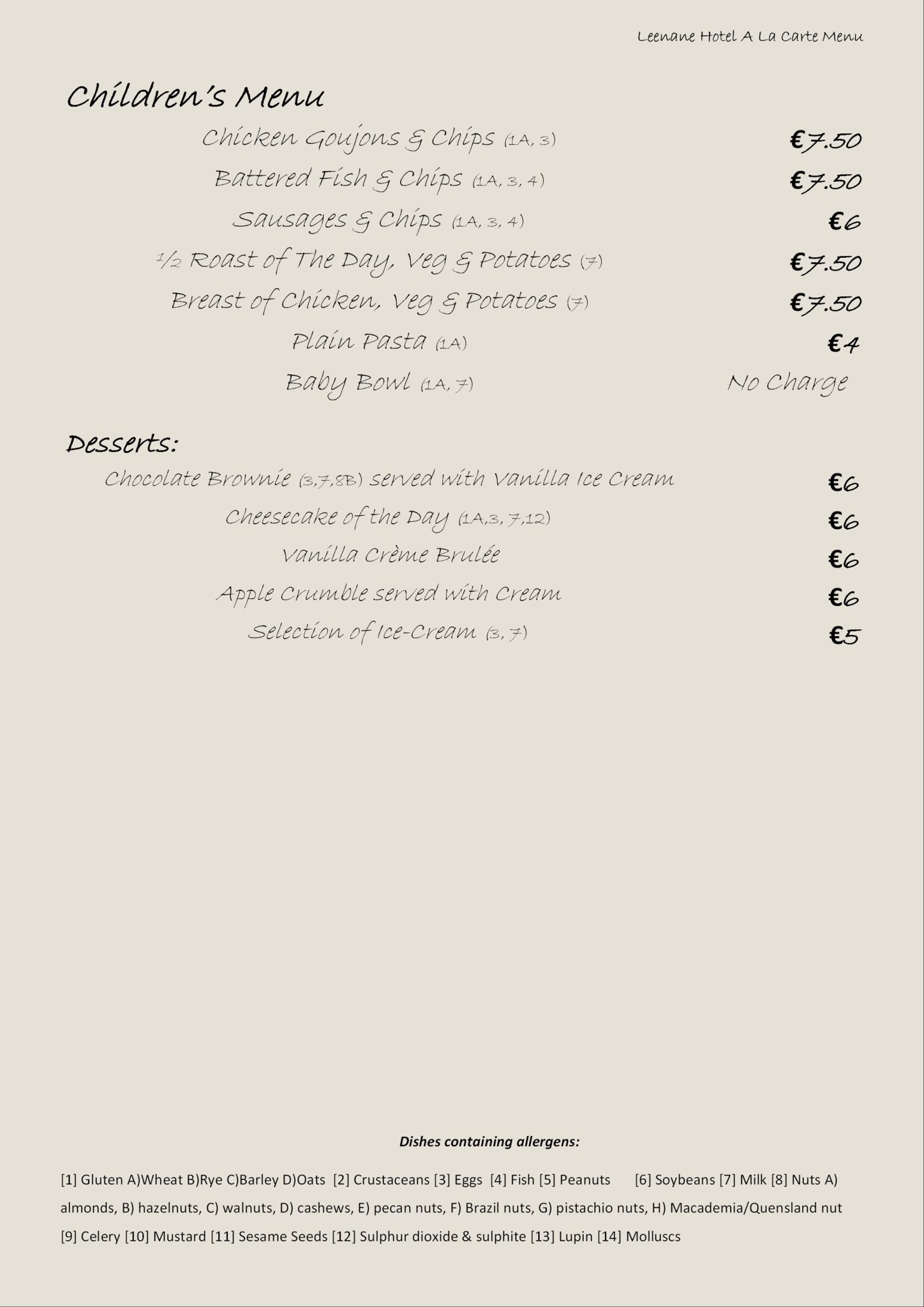 A La Carte Menu Leenane Hotel Leenane Hotel, OFFICIAL WEBSITE